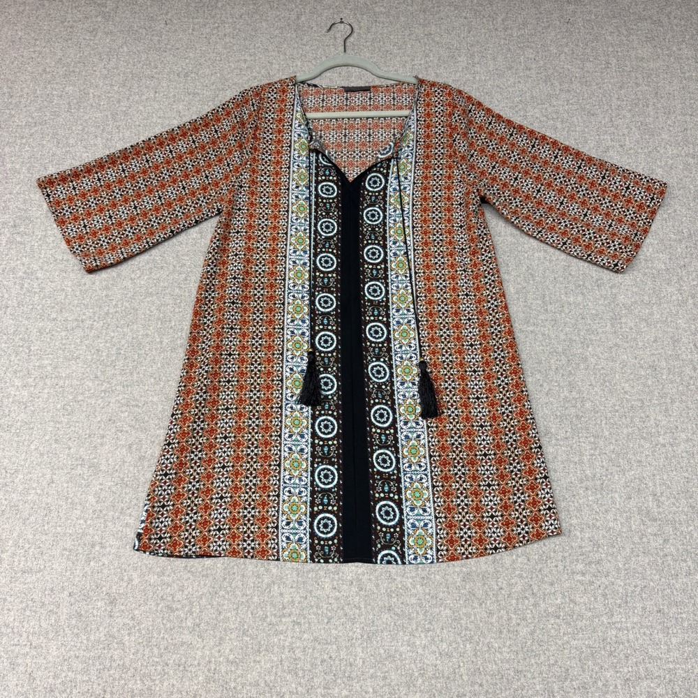 West Kei Tunic Top Large Orange Black White Geometric Print Tassel V-Neck D4883